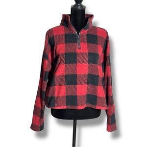 Hippie Rose Red/Black Flannel Checkered Quarter Zip Long Sleeve Cropped Fleece